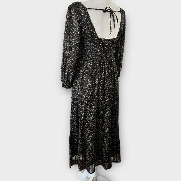 Japna Size Small Black Metallic Print Bohemian Peasant Tiered Midi Sheer Dress - Picture 5 of 11